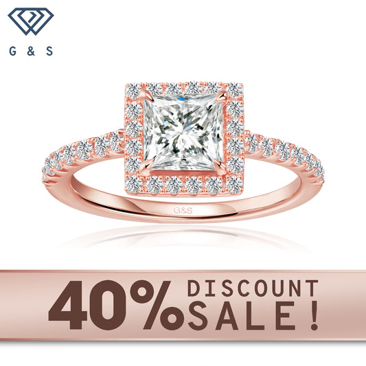 Forever Classic Halo Princess Cut Moissanite Engagement Ring Set in 9ct Rose Gold