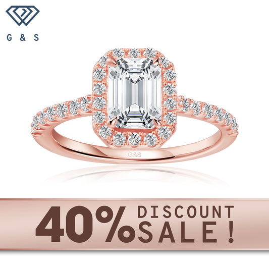 Forever Classic Halo Emerald Cut Moissanite Engagement Ring Set in 9ct Rose Gold