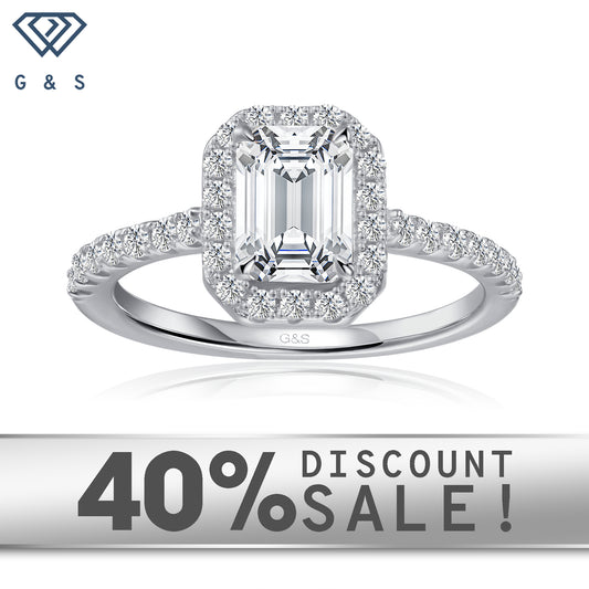 Forever Classic Halo Emerald Cut Moissanite Engagement Ring Set in 9ct White Gold