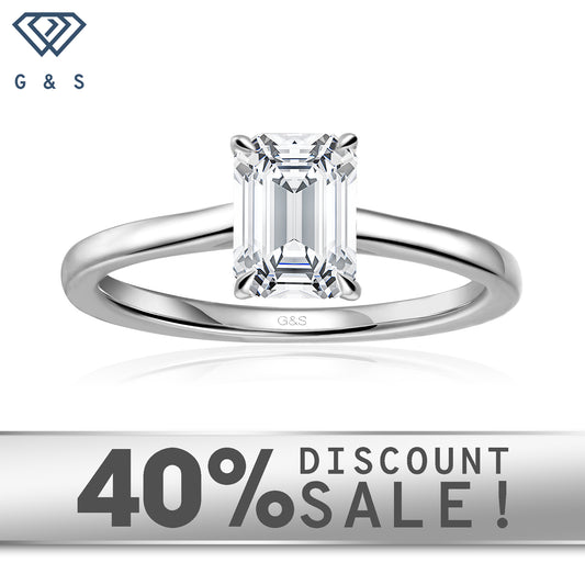 Secret Sparkle Hidden Halo Emerald Cut Moissanite Engagement Ring Set in 9ct White Gold