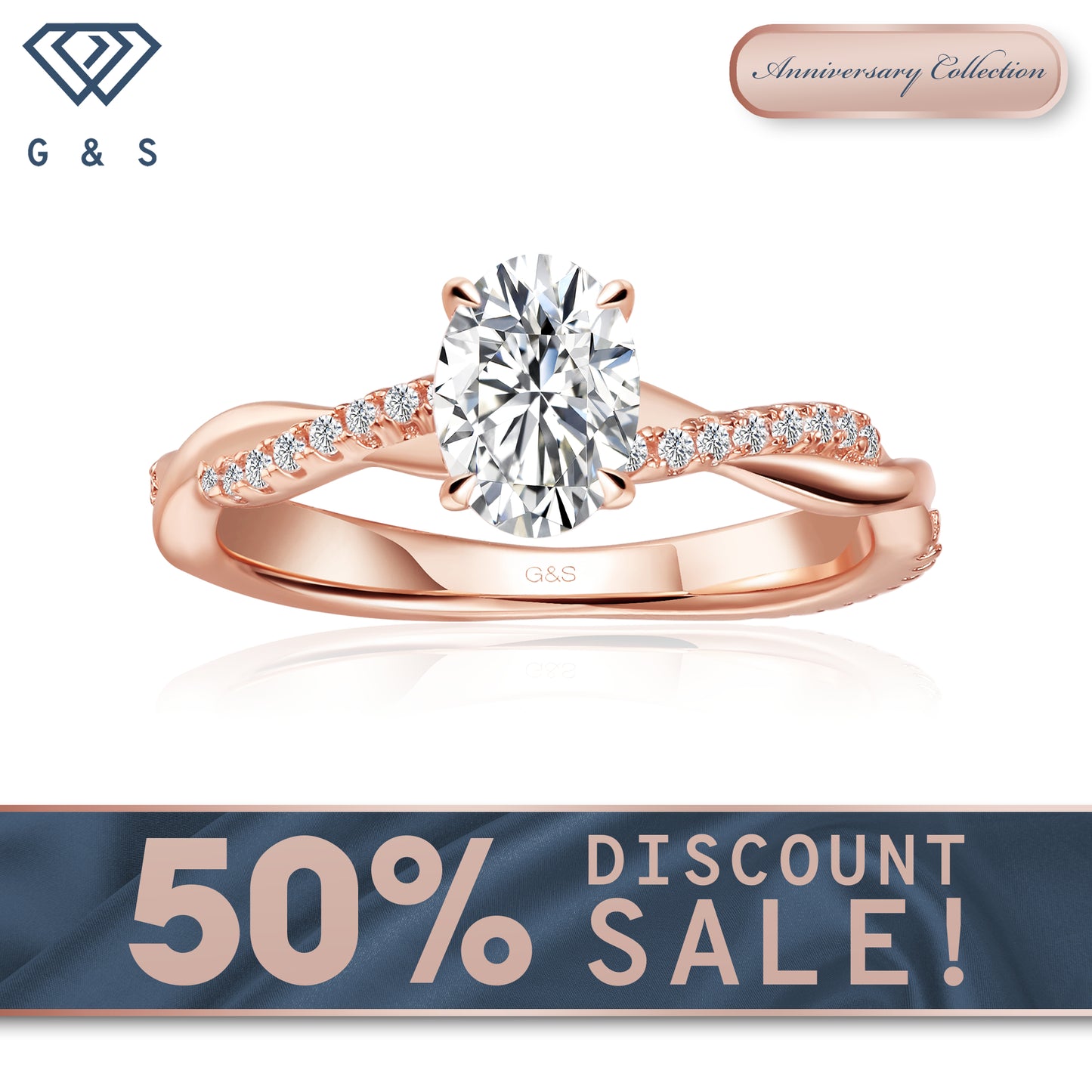 Timeless Infinity Oval Cut Moissanite Engagement Ring - 18ct Rose Gold Plated