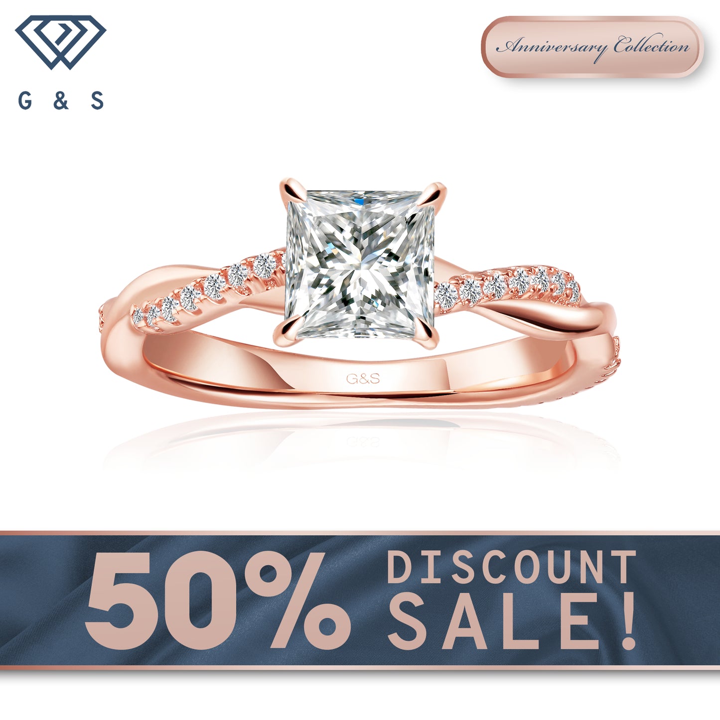 Timeless Infinity Princess Cut Moissanite Engagement Ring - 18ct Rose Gold Plated