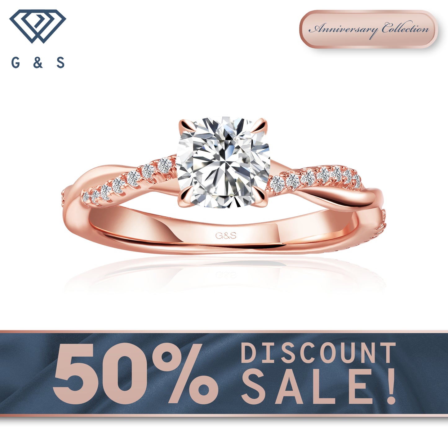 Timeless Infinity Cushion Cut Moissanite Engagement Ring - 18ct Rose Gold Plated