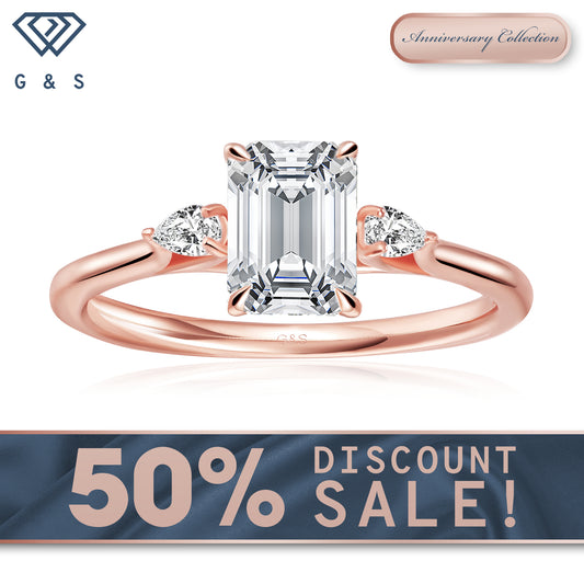 Infinite Love Trilogy Emerald Cut Moissanite Engagement Ring - 18ct Rose Gold Plated