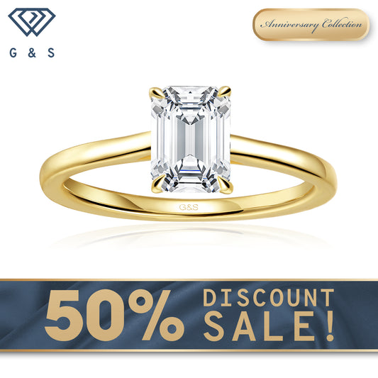 Secret Sparkle Hidden Halo Emerald Cut Moissanite Engagement Ring - 18ct Yellow Gold Plated