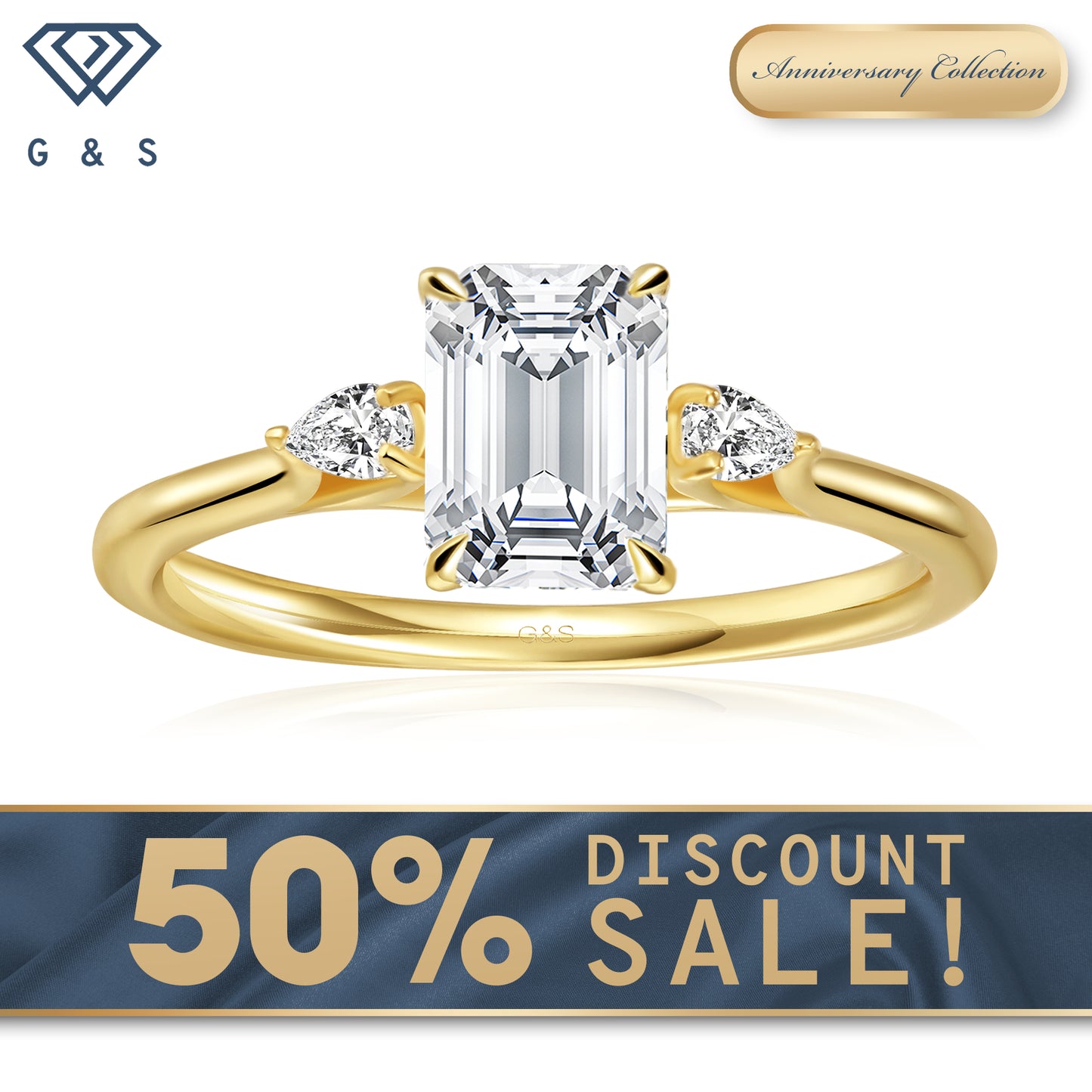 Infinite Love Trilogy Emerald Cut Moissanite Engagement Ring - 18ct Yellow Gold Plated