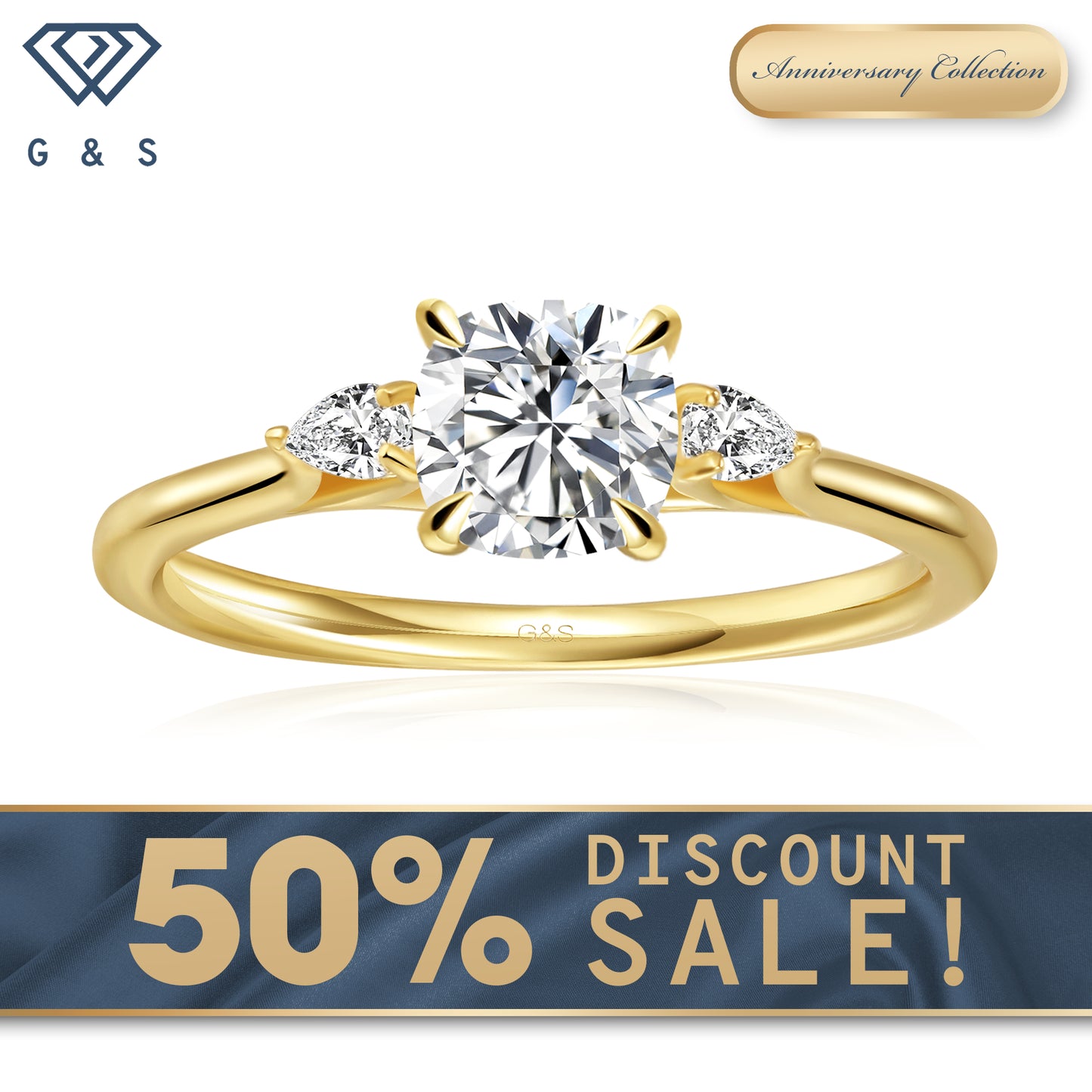 Infinite Love Trilogy Cushion Cut Moissanite Engagement Ring - 18ct Yellow Gold Plated