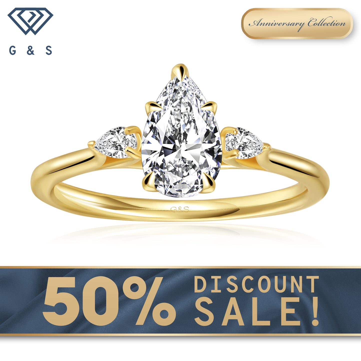 Infinite Love Trilogy Pear Shape Moissanite Engagement Ring - 18ct Yellow Gold Plated