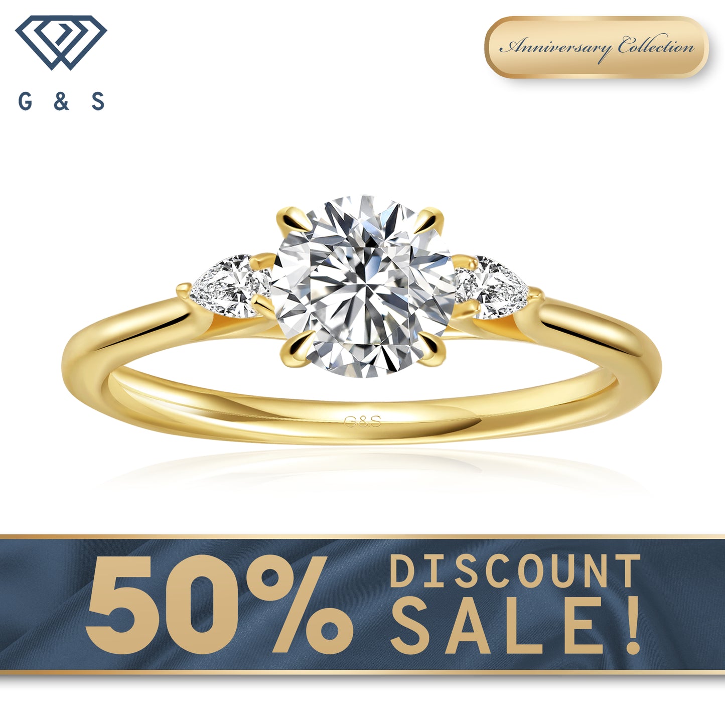 Infinite Love Trilogy Round Brilliant Moissanite Engagement Ring - 18ct Yellow Gold Plated