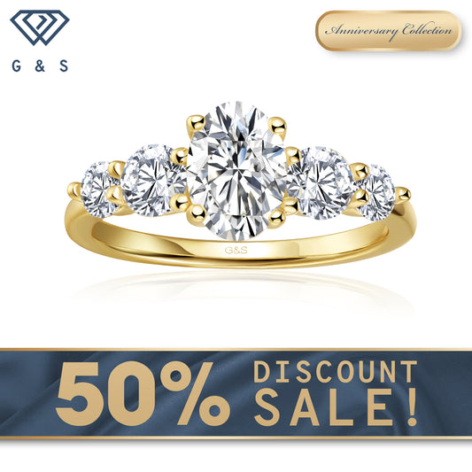 Eternal Brilliance Five-Stone Oval Cut Moissanite Engagement Ring - 18ct Yellow Gold Plated