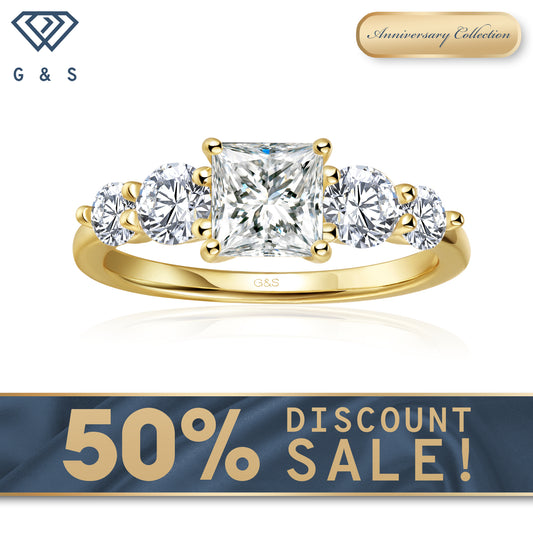 Eternal Brilliance Five-Stone Princess Cut Moissanite Engagement Ring - 18ct Yellow Gold Plated