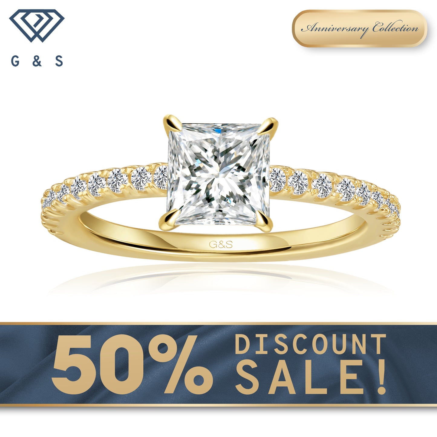 Hidden Elegance Princess Cut Moissanite Engagement Ring - 18ct Yellow Gold Plated