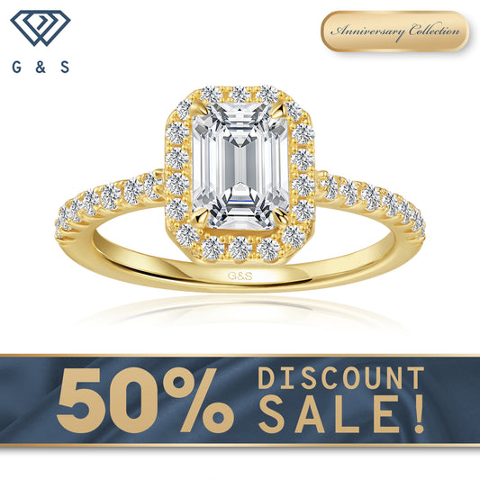 Forever Classic Halo Emerald Cut Moissanite Engagement Ring - 18ct Yellow Gold Plated