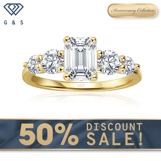 Eternal Brilliance Five-Stone Emerald Cut Moissanite Engagement Ring - 18ct Yellow Gold Plated