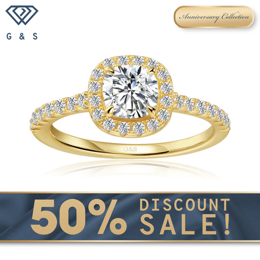 Forever Classic Halo Cushion Cut Moissanite Engagement Ring - 18ct Yellow Gold Plated