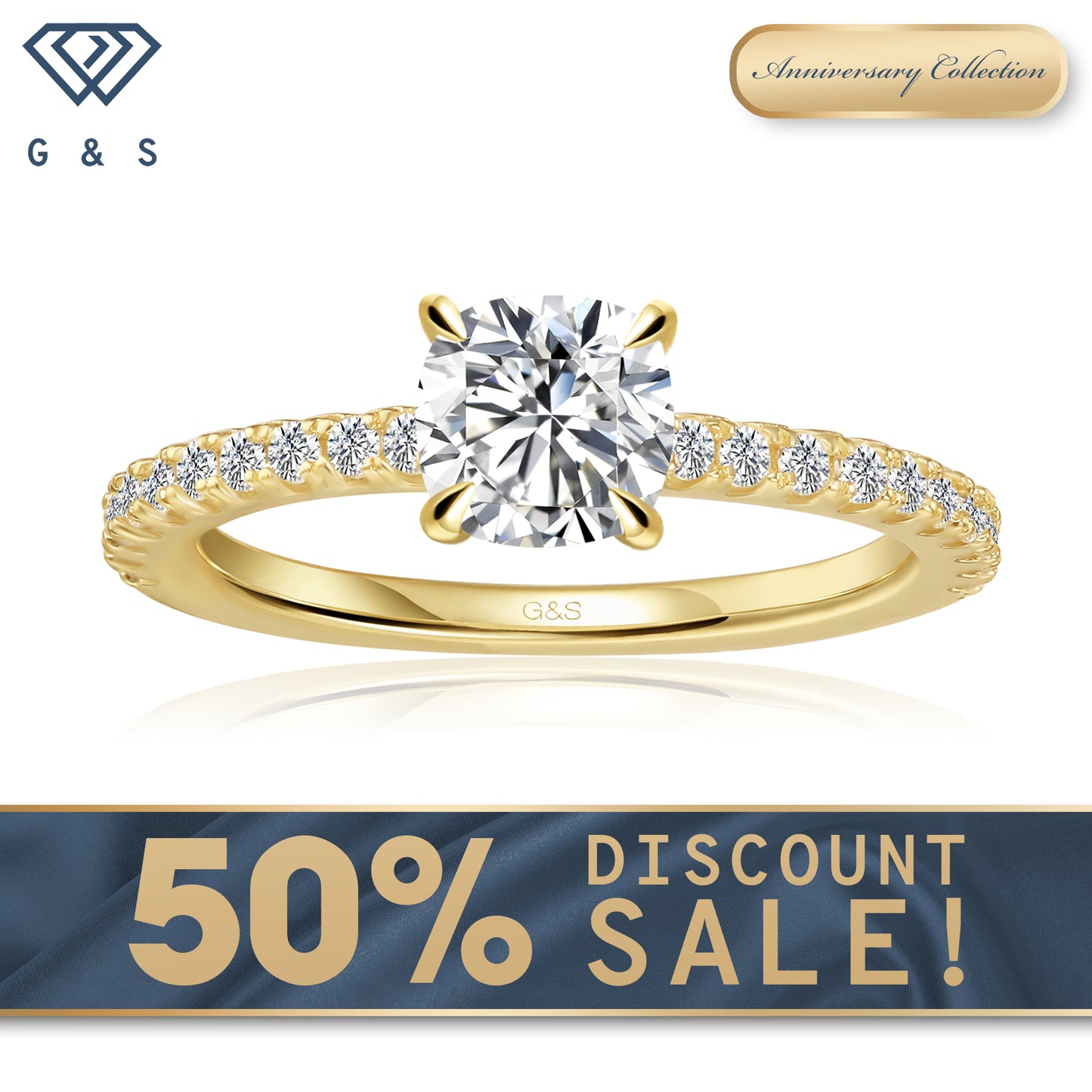 Hidden Elegance Cushion Cut Moissanite Engagement Ring - 18ct Yellow Gold Plated