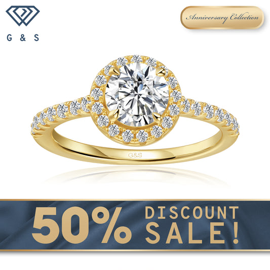 Forever Classic Halo Round Brilliant Moissanite Engagement Ring - 18ct Yellow Gold Plated