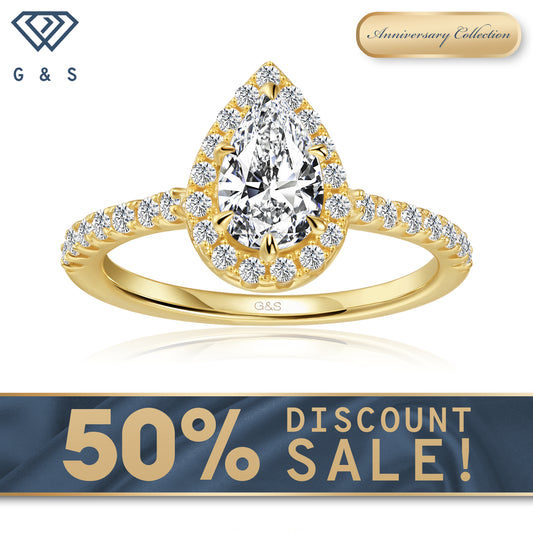 Forever Classic Halo Pear Shape Moissanite Engagement Ring - 18ct Yellow Gold Plated