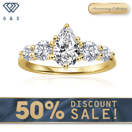 Eternal Brilliance Five-Stone Pear Shape Moissanite Engagement Ring - 18ct Yellow Gold Plated