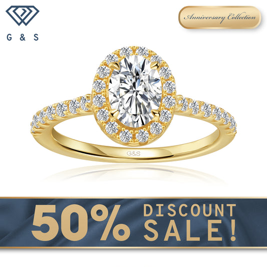 Forever Classic Halo Oval Cut Moissanite Engagement Ring - 18ct Yellow Gold Plated