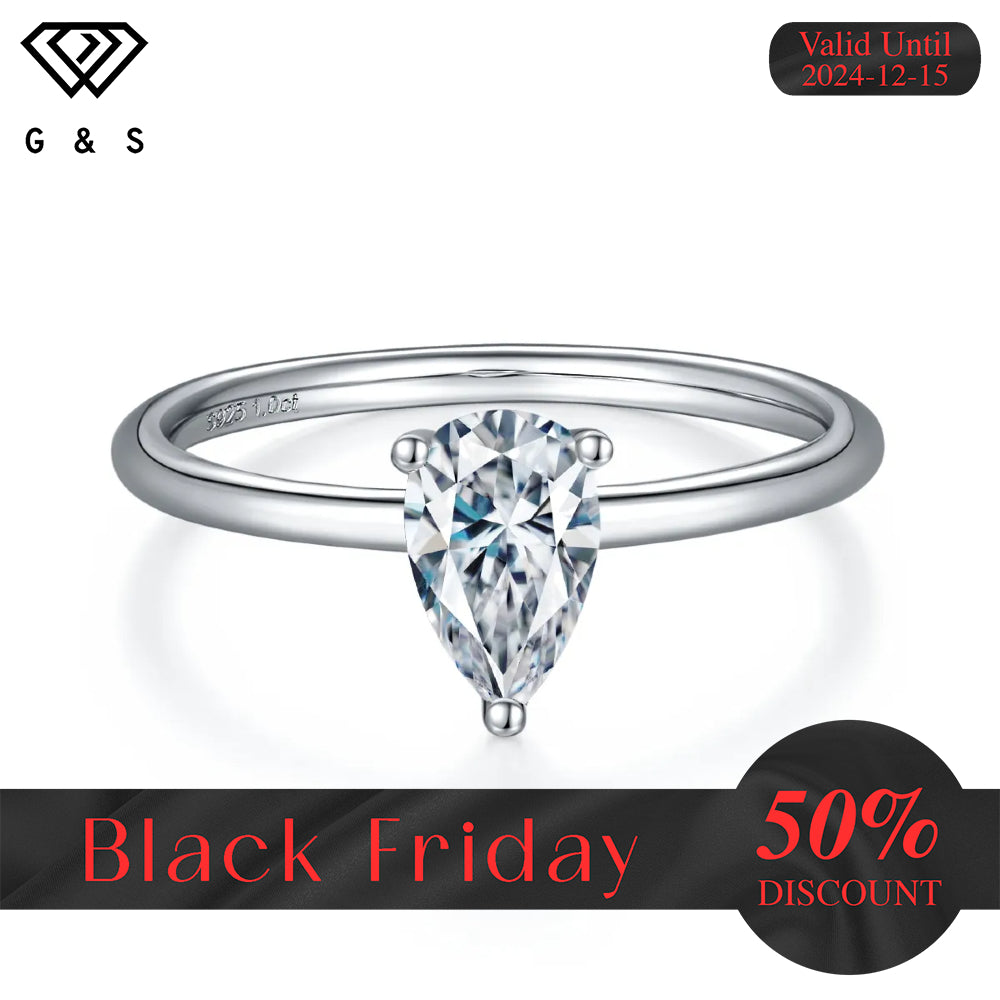 Classic Claw Pear Shape Solitaire 1.00ct Moissanite Engagement Ring Set in Sterling Silver - Black Friday