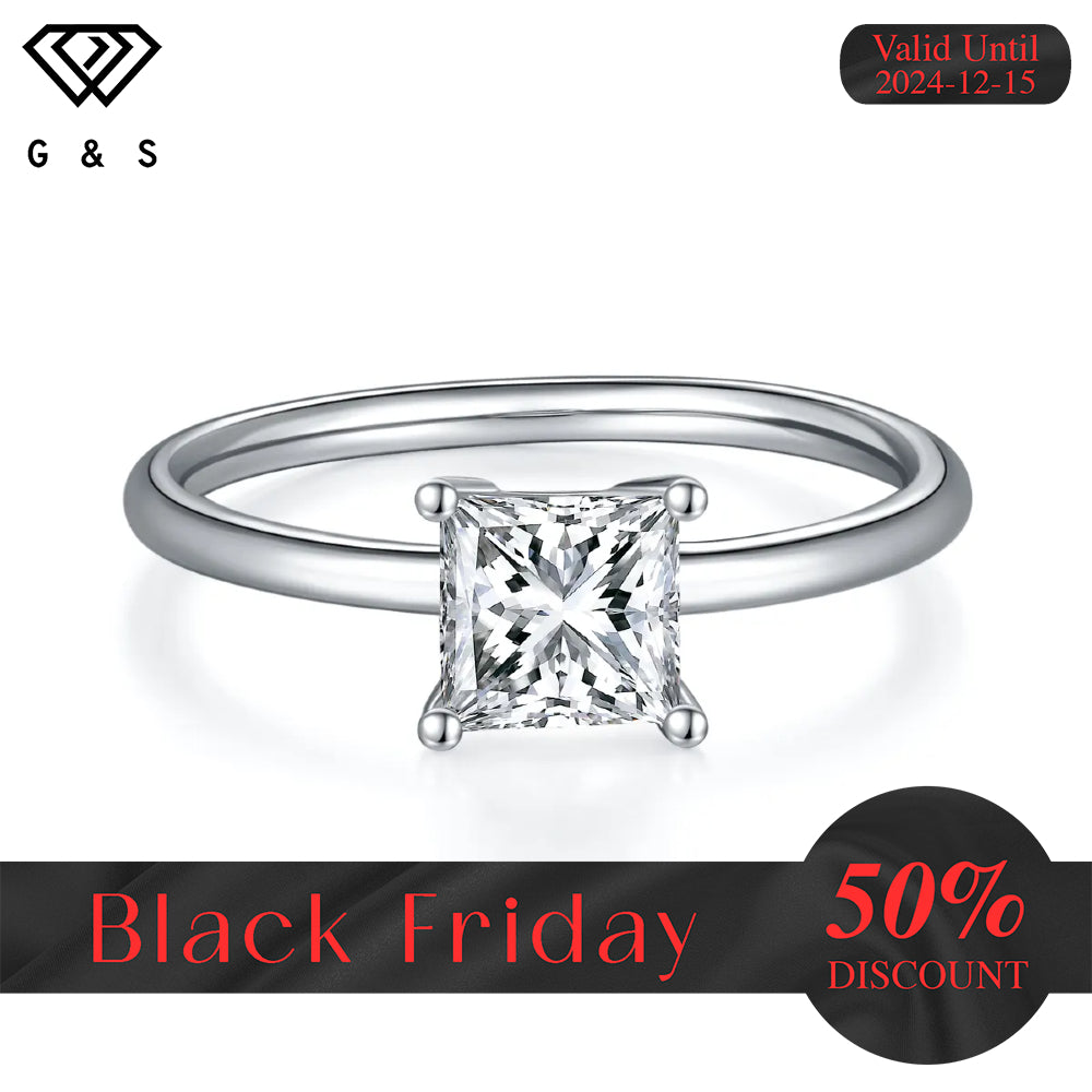 Classic 4 Claw Princess Cut Solitaire 1.00ct Moissanite Engagement Ring Set in Sterling Silver - Black Friday