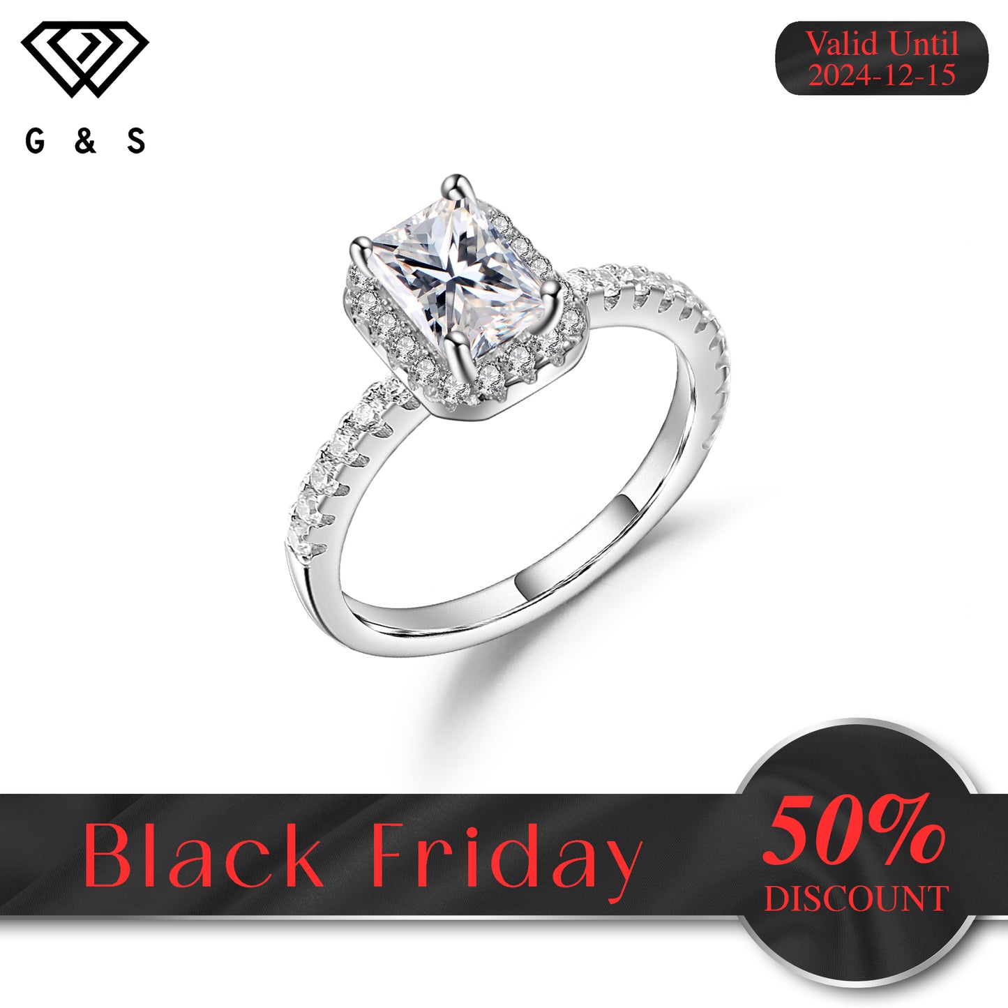 Emerald Cut Halo 1.00ct Moissanite Engagement Ring Set in Sterling Silver - Black Friday