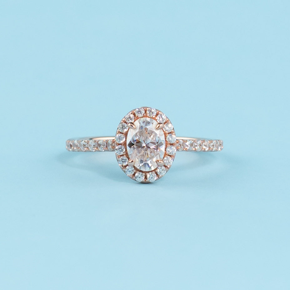 Forever Classic Halo Oval Cut Moissanite Engagement Ring - 18ct Rose Gold Plated