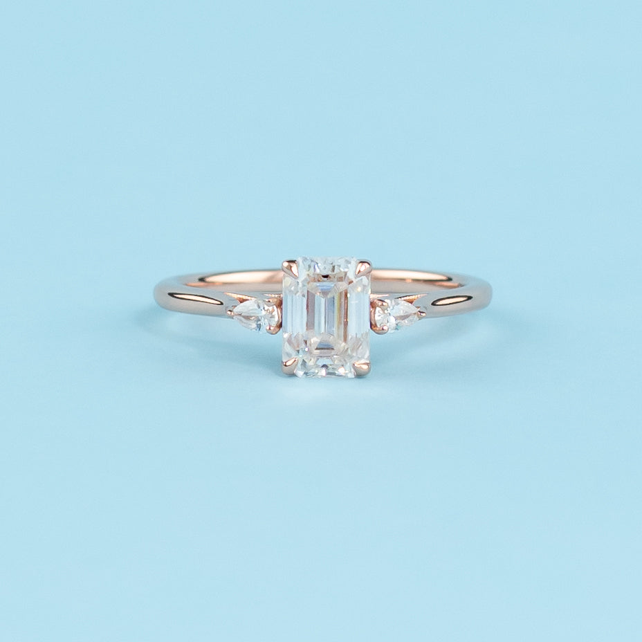 Infinite Love Trilogy Emerald Cut Moissanite Engagement Ring - 18ct Rose Gold Plated