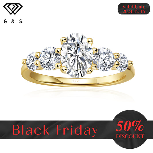 Eternal Brilliance Five-Stone Oval Cut Moissanite Engagement Ring - 18ct Yellow Gold Plated - Black Friday