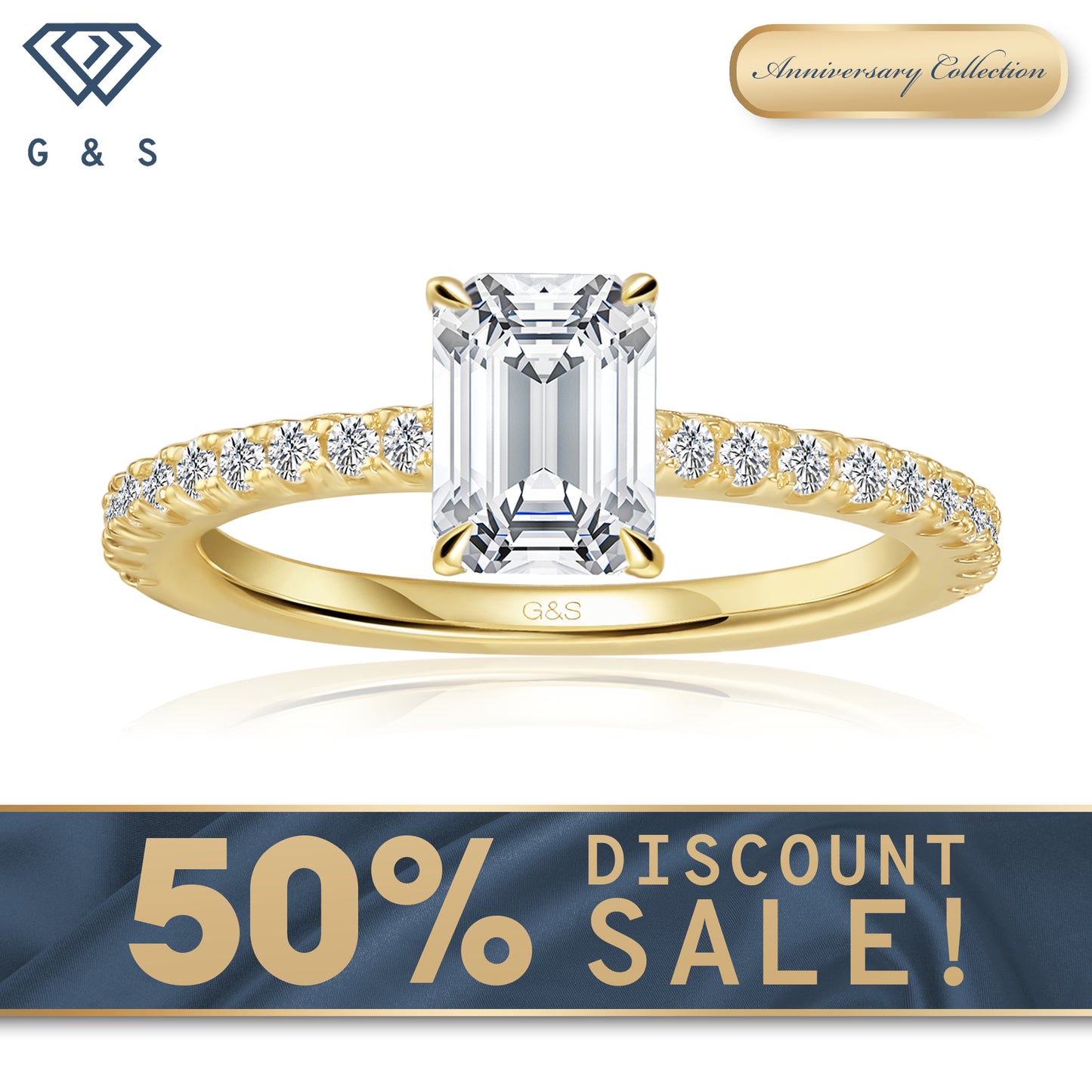 Hidden Elegance Emerald Cut Moissanite Engagement Ring - 18ct Yellow Gold Plated