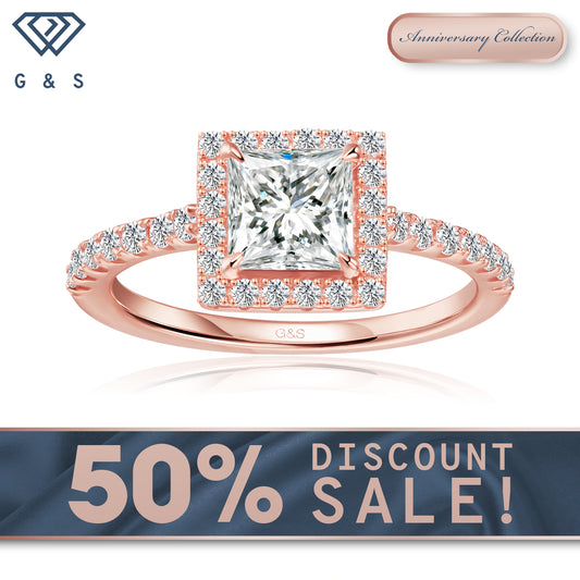 Forever Classic Halo Princess Cut Moissanite Engagement Ring - 18ct Rose Gold Plated