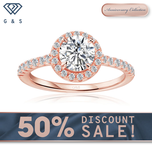 Forever Classic Halo Round Brilliant Moissanite Engagement Ring - 18ct Rose Gold Plated