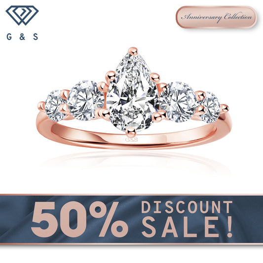 Eternal Brilliance Five-Stone Pear Shape Moissanite Engagement Ring - 18ct Rose Gold Plated