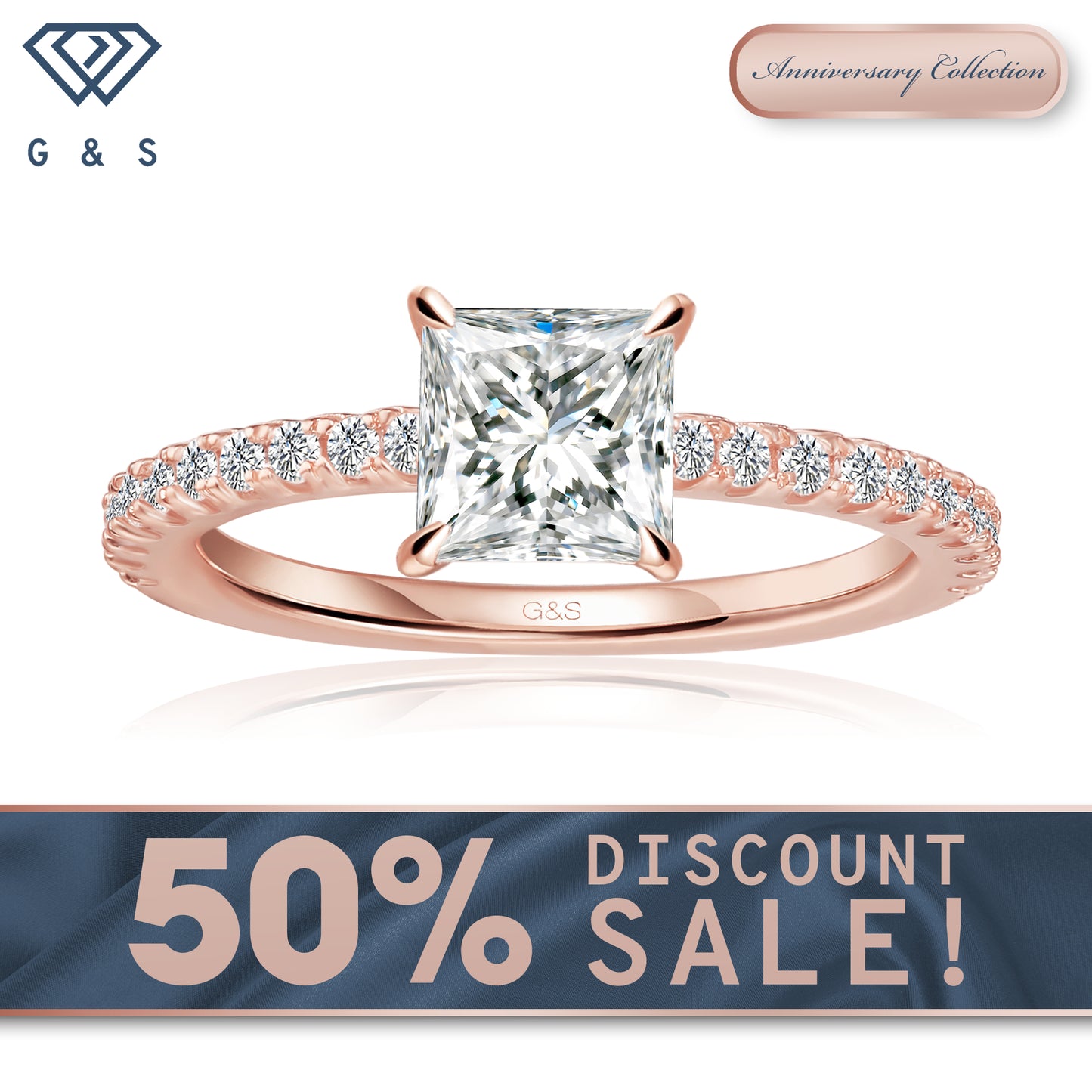 Hidden Elegance Princess Cut Moissanite Engagement Ring - 18ct Rose Gold Plated