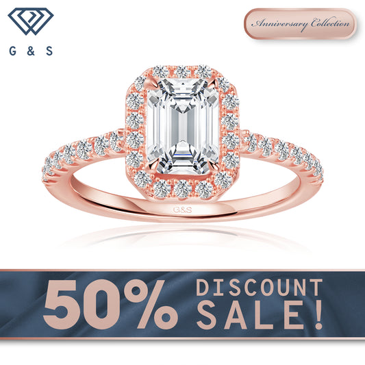 Forever Classic Halo Emerald Cut Moissanite Engagement Ring - 18ct Rose Gold Plated