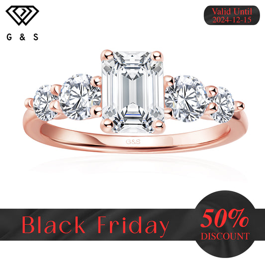 Eternal Brilliance Five-Stone Emerald Cut Moissanite Engagement Ring - 18ct Rose Gold Plated - Black Friday