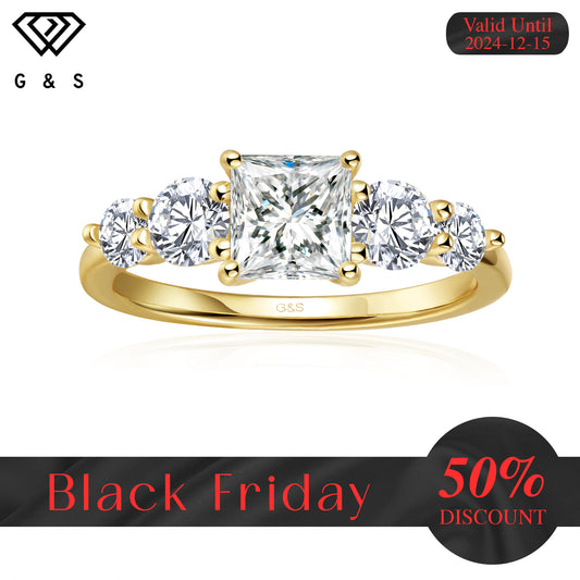 Eternal Brilliance Five-Stone Princess Cut Moissanite Engagement Ring - 18ct Yellow Gold Plated - Black Friday