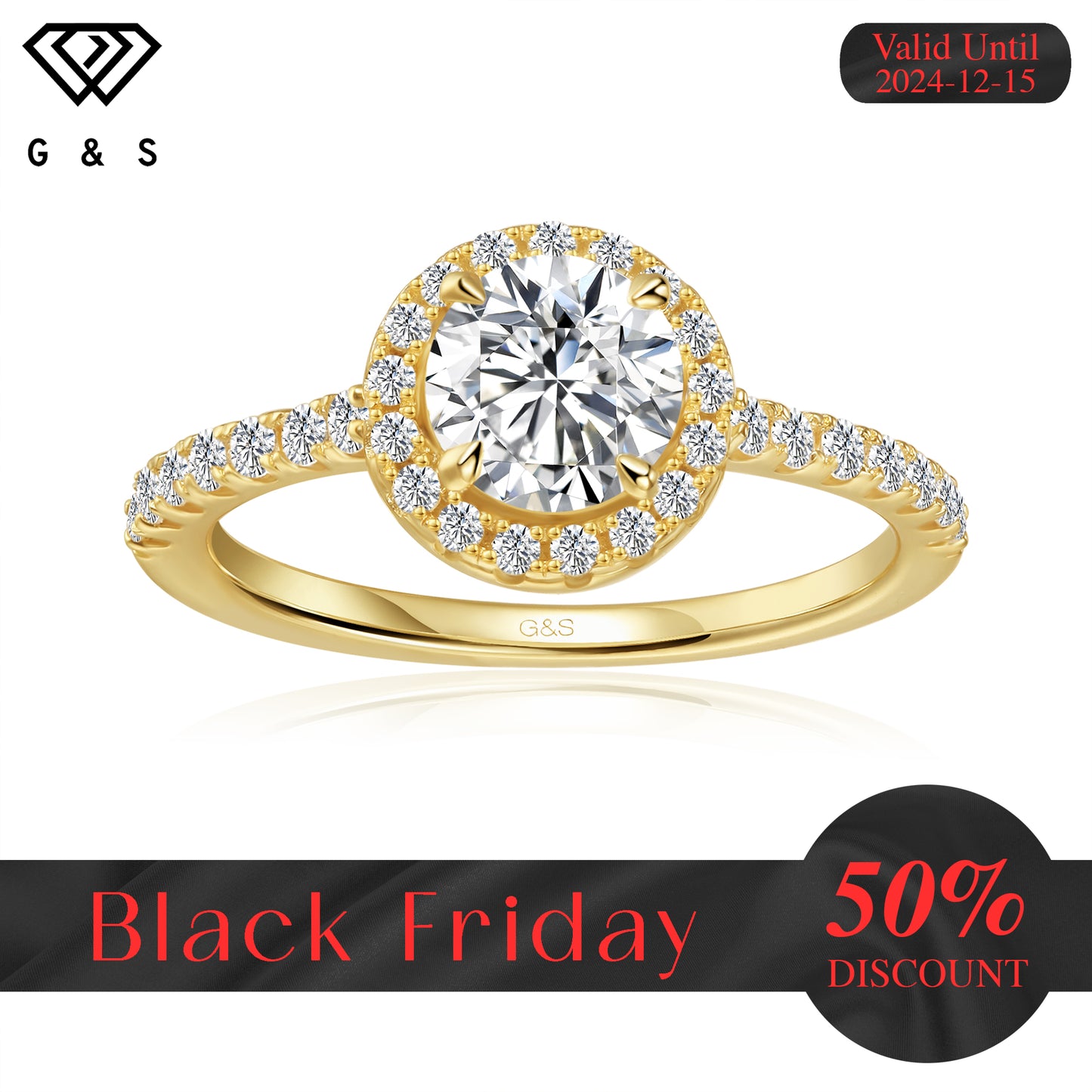 Forever Classic Halo Round Brilliant Moissanite Engagement Ring - 18ct Yellow Gold Plated - Black Friday