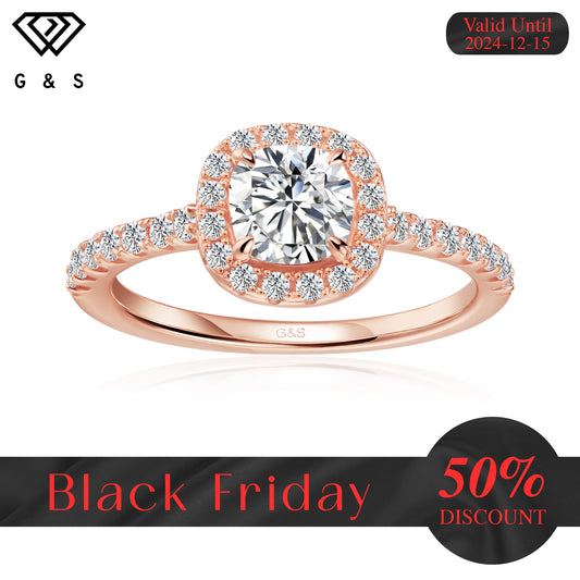 Forever Classic Halo Cushion Cut Moissanite Engagement Ring - 18ct Rose Gold Plated - Black Friday