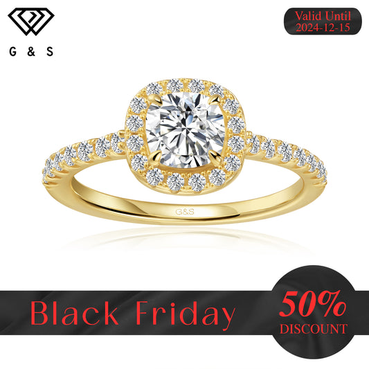 Forever Classic Halo Cushion Cut Moissanite Engagement Ring - 18ct Yellow Gold Plated - Black Friday