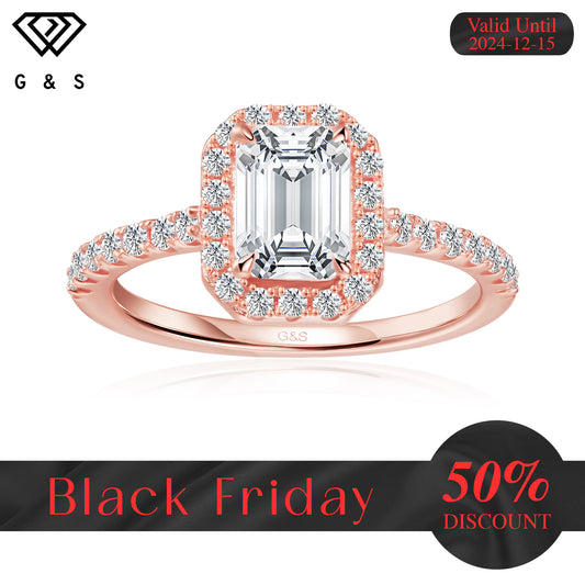 Forever Classic Halo Emerald Cut Moissanite Engagement Ring - 18ct Rose Gold Plated - Black Friday