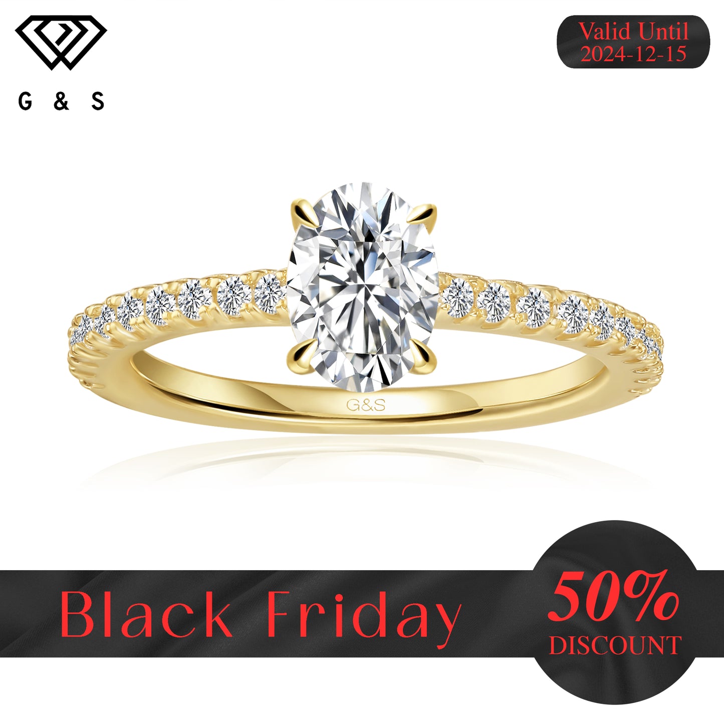 Hidden Elegance Oval Cut Moissanite Engagement Ring - 18ct Yellow Gold Plated - Black Friday