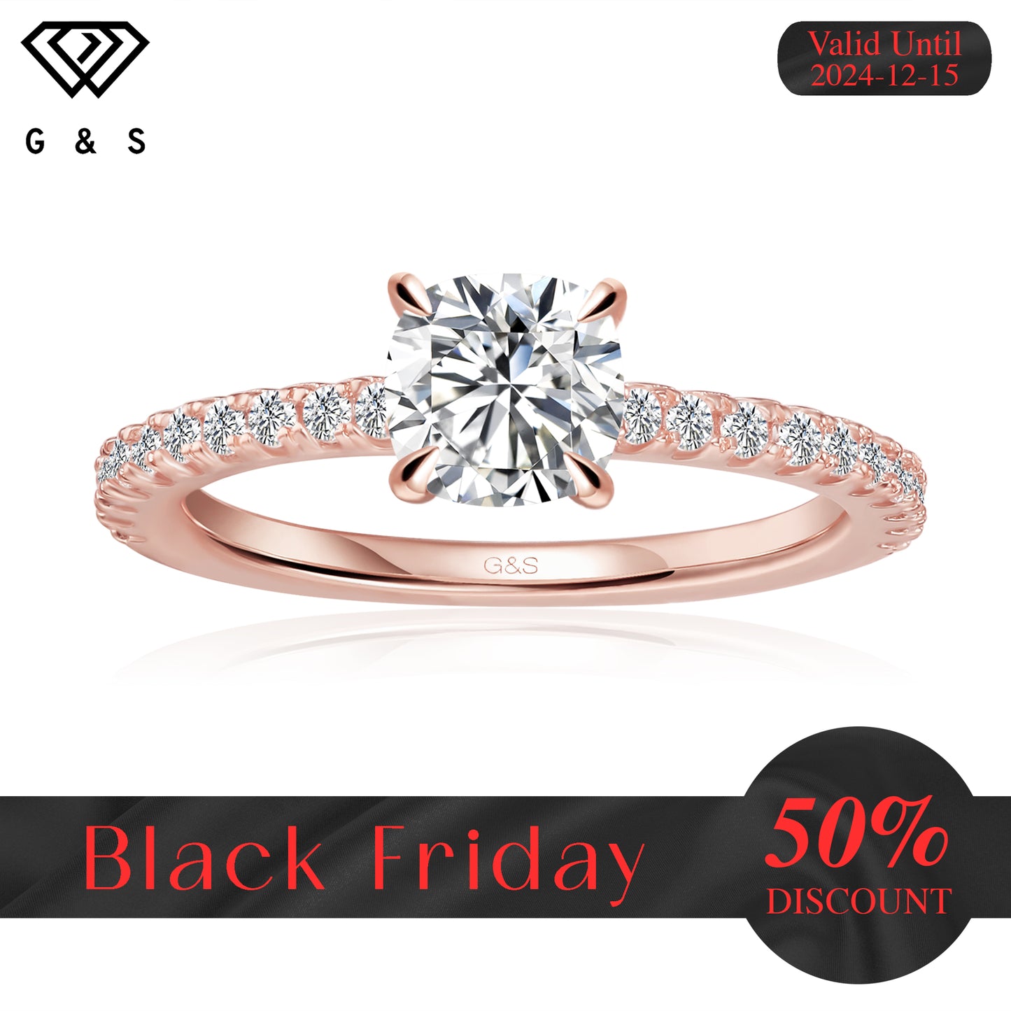 Hidden Elegance Cushion Cut Moissanite Engagement Ring - 18ct Rose Gold Plated - Black Friday