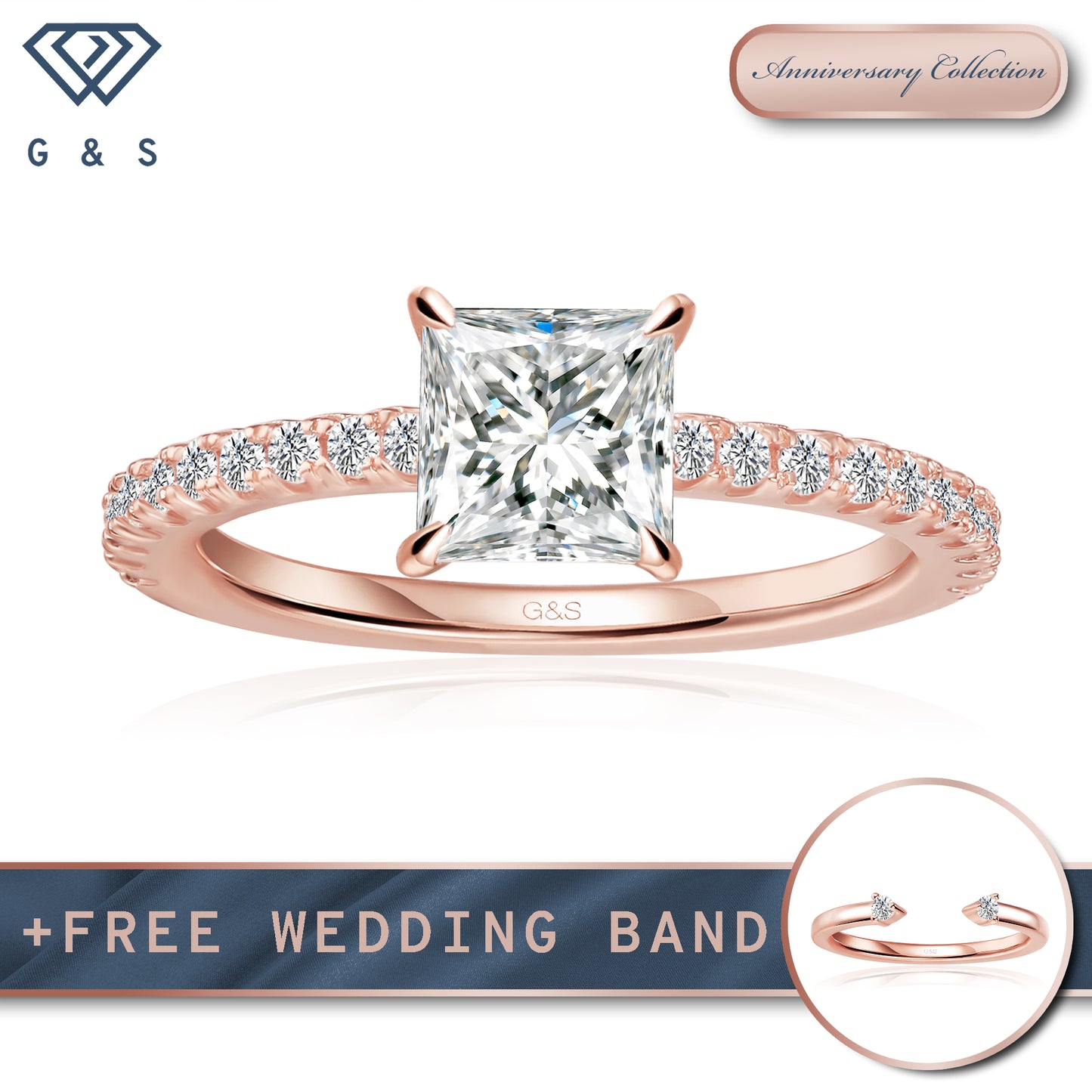 Hidden Elegance Princess Cut Moissanite Engagement Ring - 18ct Rose Gold Plated