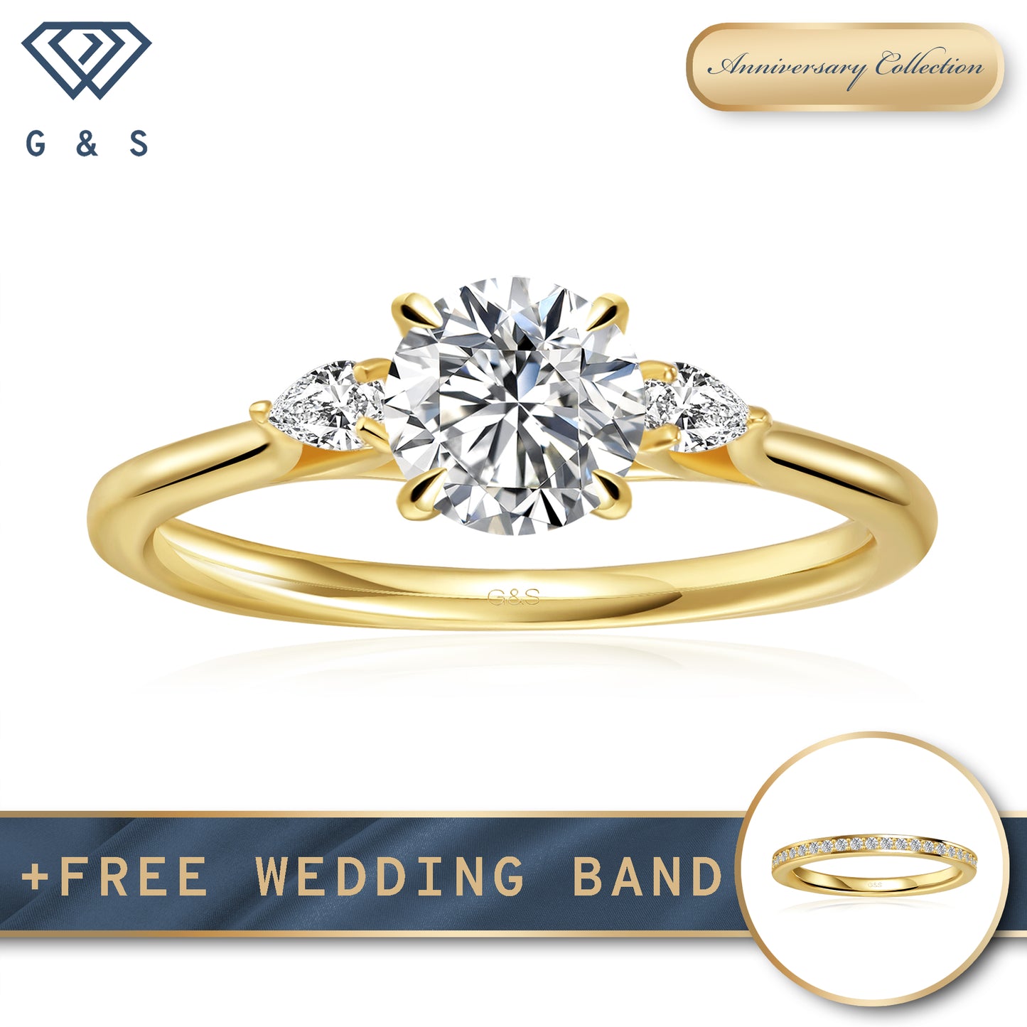 Infinite Love Trilogy Round Brilliant Moissanite Engagement Ring - 18ct Yellow Gold Plated