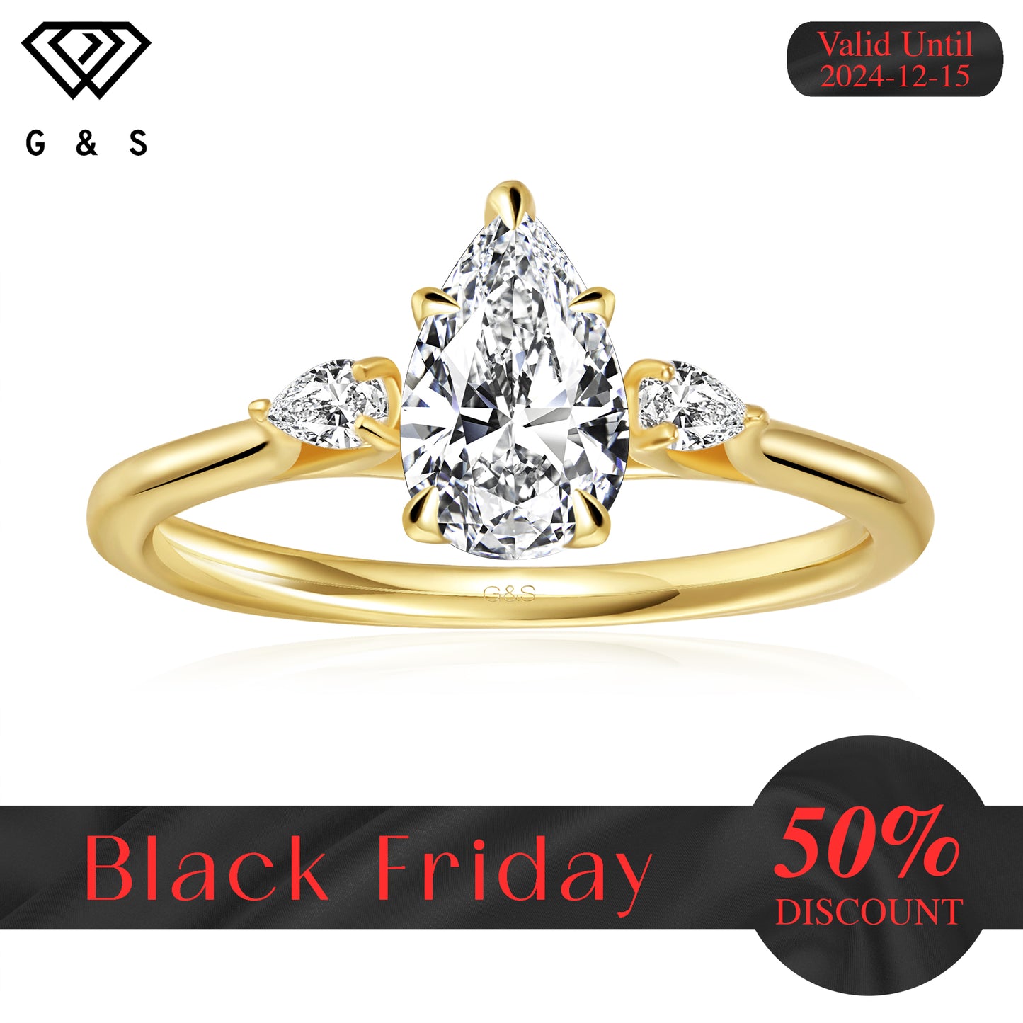 Infinite Love Trilogy Pear Shape Moissanite Engagement Ring - 18ct Yellow Gold Plated - Black Friday