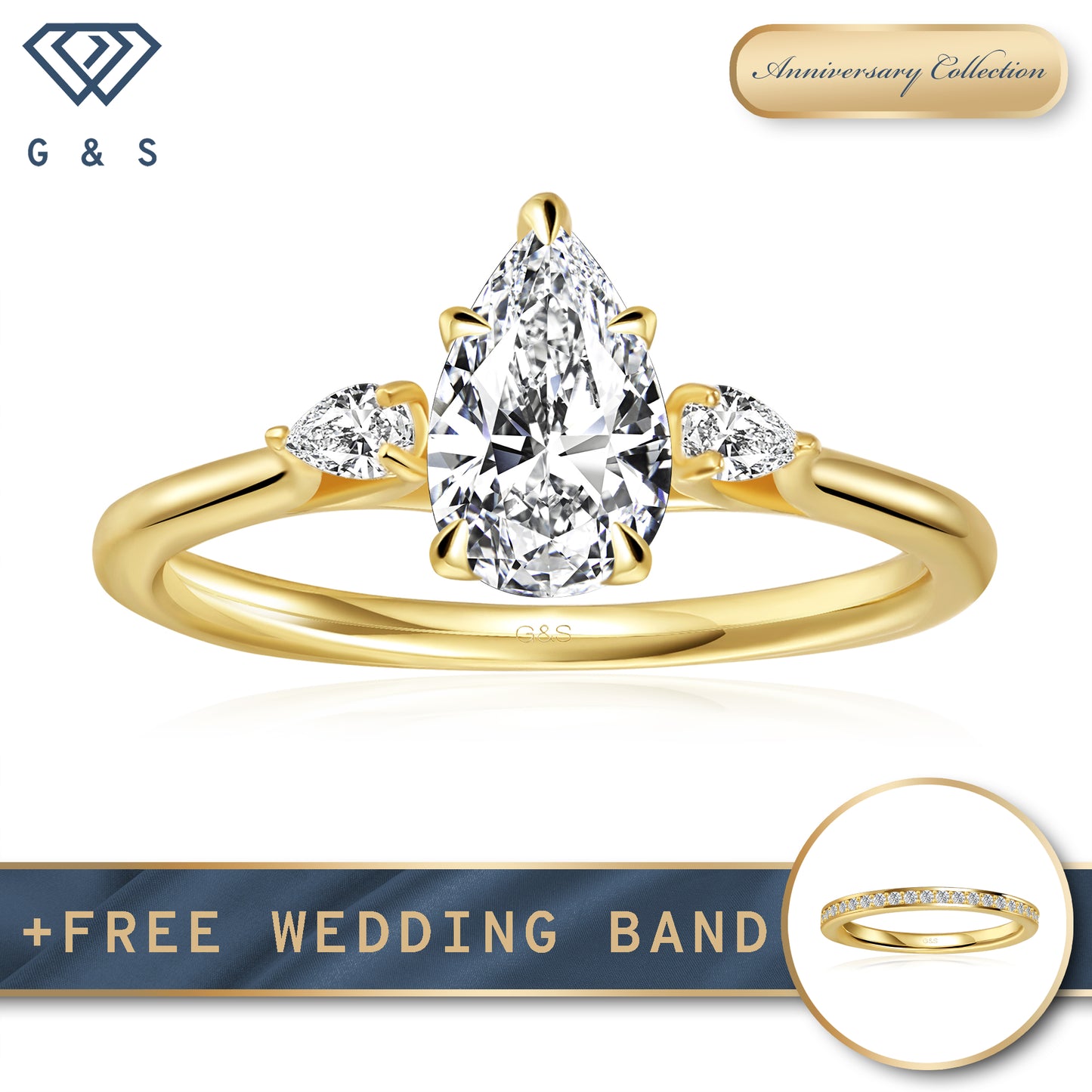 Infinite Love Trilogy Pear Shape Moissanite Engagement Ring - 18ct Yellow Gold Plated