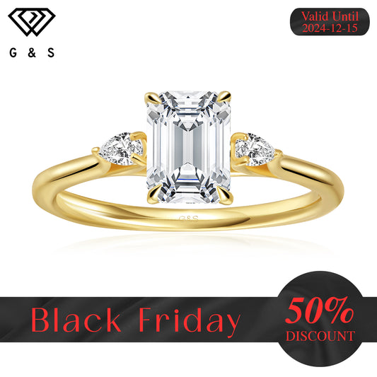 Infinite Love Trilogy Emerald Cut Moissanite Engagement Ring - 18ct Yellow Gold Plated - Black Friday