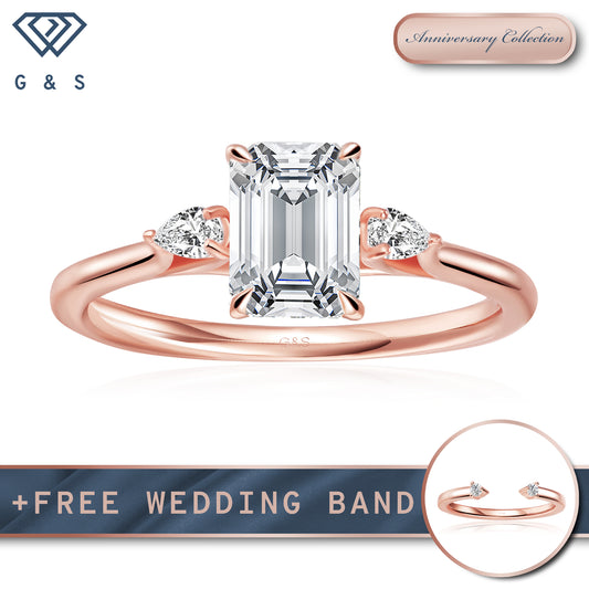 Infinite Love Trilogy Emerald Cut Moissanite Engagement Ring - 18ct Rose Gold Plated